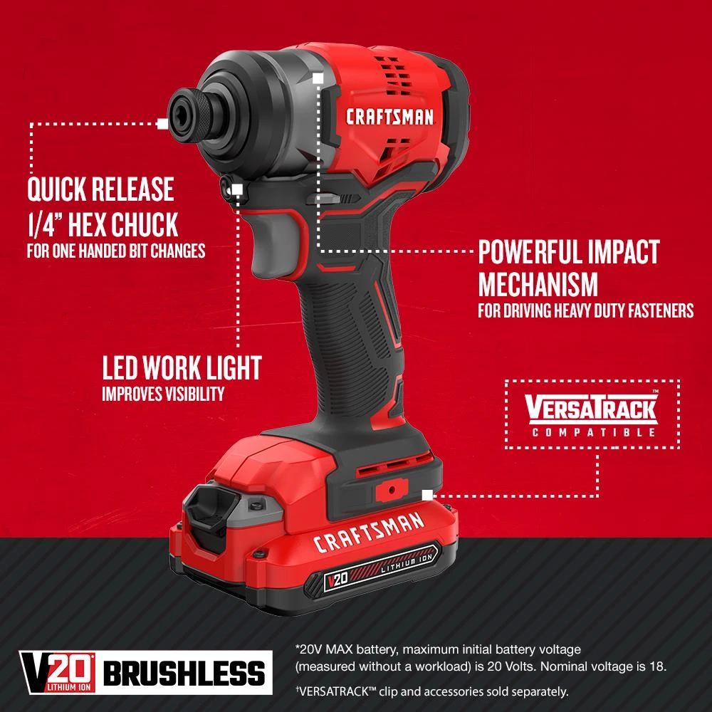 CRAFTSMAN Impact Drivers V20 20-volt Max Variable Speed Brushless Cordless Impact Driver (1-Battery Included) 2 CRAFTSMAN Impact Drivers V20 20-volt Max Variable Speed Brushless Cordless Impact Driver (1-Battery Included) - Image 2
