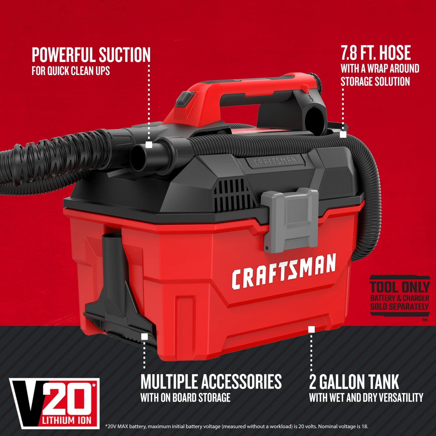 CRAFTSMAN Shop Vacuums V20 20-Volt Max 2-Gallon Cordless Portable Wet/Dry Shop Vacuum (Battery Not Included) 2 CRAFTSMAN Shop Vacuums V20 20-Volt Max 2-Gallon Cordless Portable Wet/Dry Shop Vacuum (Battery Not Included) - Image 2