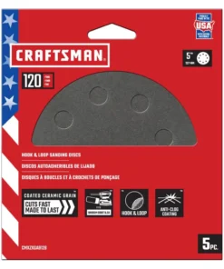 CRAFTSMAN Power Tool Sandpaper 5 In 8H H/L Cer Disc 120 Grit 5pk 5-Piece Ceramic Alumina 120-Grit Disc Sandpaper