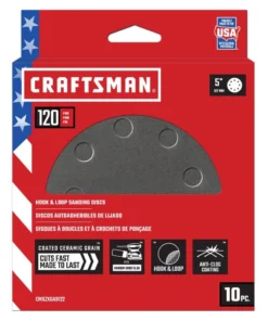 CRAFTSMAN Power Tool Sandpaper 5 In 8H H/L Cer Disc 120 Grt 10pk 10-Piece Ceramic Alumina 120-Grit Disc Sandpaper