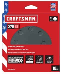 CRAFTSMAN Power Tool Sandpaper 5 In 8H H/L Cer Disc 320 Grt 10pk 10-Piece Ceramic Alumina 320-Grit Disc Sandpaper