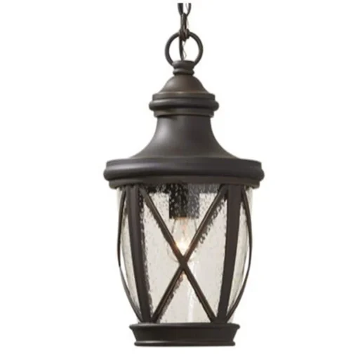 allen + roth Pendant Lighting Castine Bronze Craftsman Seeded Glass Lantern LED Outdoor Pendant Light -Craftsman Store 11427589