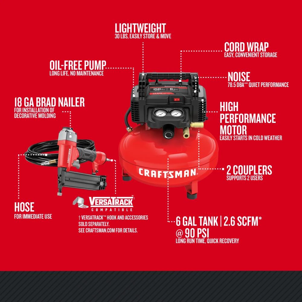 CRAFTSMAN Air Compressors 6-Gallon Single Stage Portable Electric Pancake Air Compressor (1-Tools Included) 2 CRAFTSMAN Air Compressors 6-Gallon Single Stage Portable Electric Pancake Air Compressor (1-Tools Included) - Image 2