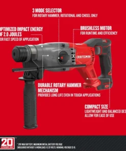 CRAFTSMAN Rotary Hammer Drills V20 20-Volt Max-Amp 1-in SDS-Plus Variable Speed Cordless Rotary Hammer Drill -Craftsman Store 12474564