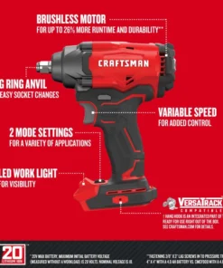 CRAFTSMAN Impact Wrenches V20-Amp 20-volt Max Variable Speed Brushless 1/2-in Drive Cordless Impact Wrench (Tool Only) -Craftsman Store 13734148