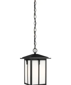 Sea Gull Lighting Pendant Lighting Tomek Black Craftsman Etched Glass Lantern Outdoor Pendant Light
