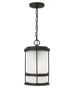 Sea Gull Lighting Pendant Lighting Wilburn Antique Bronze Craftsman Etched Glass Cylinder Outdoor Pendant Light