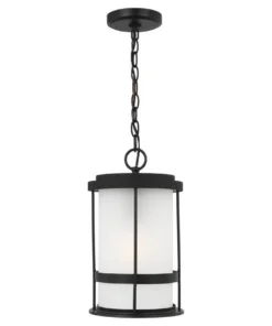 Sea Gull Lighting Pendant Lighting Wilburn Black Craftsman Etched Glass Cylinder Outdoor Pendant Light