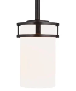 Sea Gull Lighting Pendant Lighting Robie Bronze Craftsman Etched Glass Cylinder Mini Pendant Light
